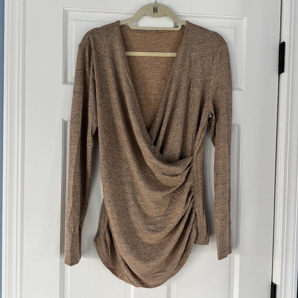 Emery Rose Ruched Wrap Front Top Size M Mocha Long Sleeve Draped Pleated Blouse
